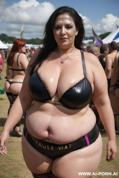 Very old matured gilf, aging mark, wrinkle skin, huge saggy boobs, chav, slag, slut, whore, glastonbury, festival, festival outfit, festival clothes, slutty costume, rave costume, rave outfit, cosplay, tattoo, waist shot, anal - ai-porn.ai on pornsimulated.com