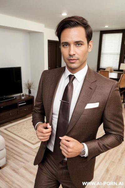 Business man, short brown hair, big brown eyes, one man, standing in living room, wearing suit and tie, - ai-porn.ai on pornsimulated.com