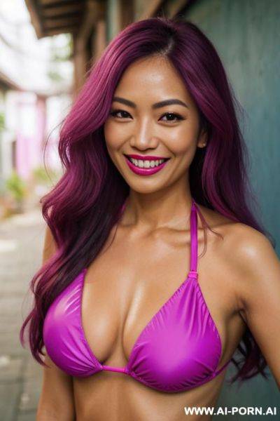 Close!, immersive expression, lovingly casual thai woman, long loose wavy purple hair, closeup in decent lingerie, she is strictly tanned, pastel hue, abstract background, oiled pleasure, lying, real-life sei-ra sodes-hiro! - ai-porn.ai - Thailand on pornsimulated.com