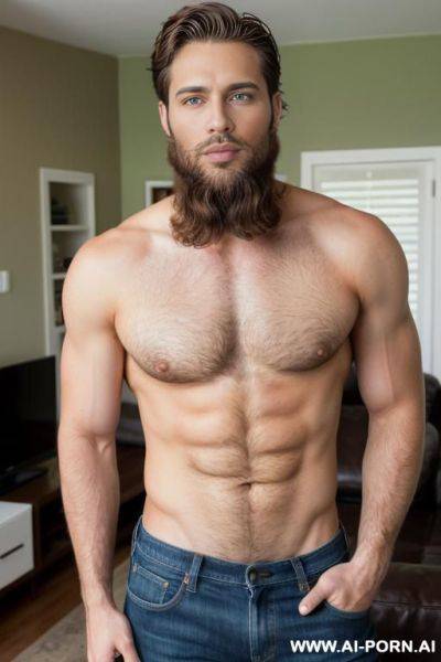 Handsome model man, thick brown hair, big green eyes, one man, well kept short beard, standing in living room, wearing jeans shirtless, ((keep face)), ((keep model)), ((keep body)), - ai-porn.ai on pornsimulated.com