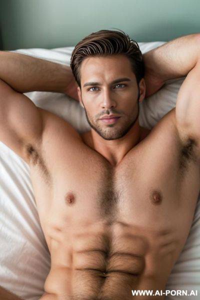 Handsome model man, athletic handsome man, thick brown hair, big green eyes, one man, short beard, in bed room, shirtless, ((keep face)), ((keep model)), ((keep body)), - ai-porn.ai on pornsimulated.com