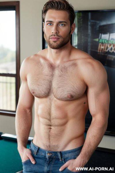 Handsome model man, athletic handsome man, thick brown hair, big green eyes, one man, short beard, standing in game room, wearing jeans, shirtless, ((keep face)), ((keep model)), ((keep body)), - ai-porn.ai on pornsimulated.com