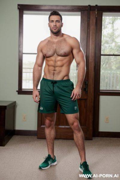 Handsome model man, athletic handsome man, thick brown hair, big green eyes, one man, short beard, standing in game room, wearing shorts, shirtless, ((keep face)), ((keep model)), ((keep body)), - ai-porn.ai on pornsimulated.com