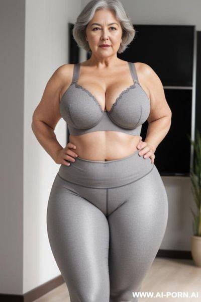 0 year old chubby grandma, short gray hair, very visible signs of age, fully body, standing, triangle hip, thick-thighs, hands on waist, wearing gray leggings and a bra - ai-porn.ai on pornsimulated.com