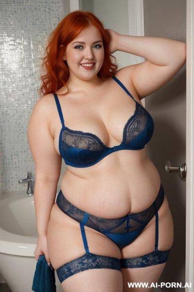 Full body photo shot, about at bathroom, very fat bbw curvy with a few love handless and big tummy, wearing a sexy and hot blue web stocking lingeries - ai-porn.ai on pornsimulated.com