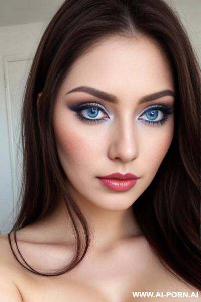 Soft delicate features, full lips, big blue eyes, dark brown hair, beautiful soft make up, tear drop breasts, beautiful sister, natural big breasts, - ai-porn.ai on pornsimulated.com