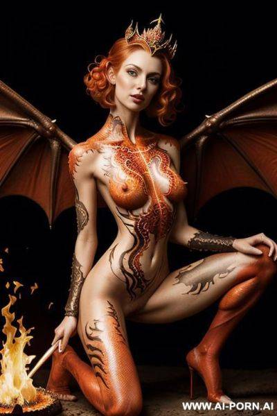 Extremely tall supermodel cutie, slender, skiny, completely naked, super long legs, very long hair, goddess of fire, whole body covered in fire, surrounded by fire, epic, fantasy fire wings, - ai-porn.ai on pornsimulated.com
