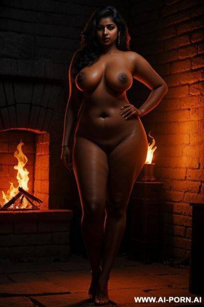 Tall south indian woman, broad shoulders, curvy hip, long legs, full body shot, naked, in a dark dungeon lit by fire lamps - ai-porn.ai - India on pornsimulated.com