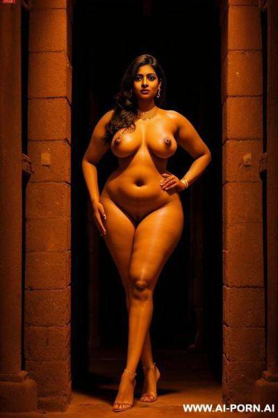 Tall south indian woman, broad shoulders, curvy hip, long legs, full body shot, naked, in a dungeon brightly lit - ai-porn.ai - India on pornsimulated.com