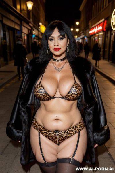 Old milf, animal print hooker outfit, necklace, humongous boobs, choker, necklace, fur jacket, stockings, elry, street night, waist shot - ai-porn.ai on pornsimulated.com