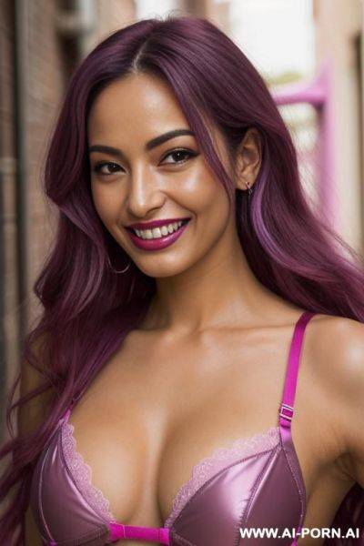 Close!, immersive expression, lovingly nerdy woman, long loose wavy purple hair, closeup in decent lingerie, she is naturally tanned, pastel hue, abstract background, oiled pleasure, lying, real-life sei-ra sodes-hiro! - ai-porn.ai on pornsimulated.com