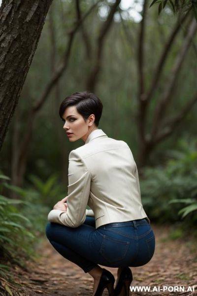 French woman short hair pixiecut jacket, shirt squatting in underbrush - ai-porn.ai - France on pornsimulated.com