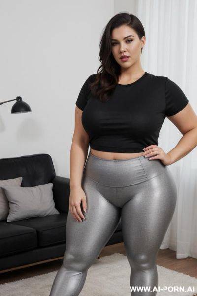 Chubby woman, full body, standing, shaved head, fair skin, square face, nose pearing, triangular hips, thick thighs, wearing gray leggings, wearing a black t-shirt, living room - ai-porn.ai on pornsimulated.com