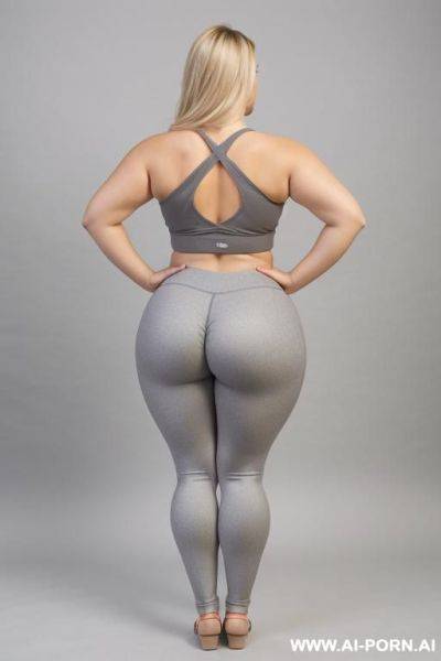Back view, chubby woman, full body, standing, blonde hair, triangular hips, thick thighs, hands on hips, wearing grey leggings and top tank - ai-porn.ai on pornsimulated.com