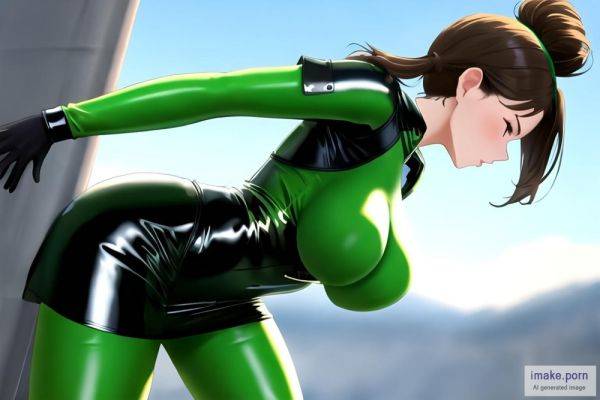 Green tights latex dress , ponytail hair brunette, fake big... - imake.porn on pornsimulated.com
