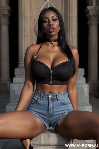 Gorgeous, very beautiful, choker, black lipstick, black lips, unzipped shorts, unbuttoned shorts, - ai-porn.ai on pornsimulated.com