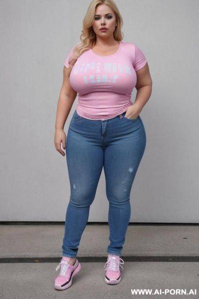 Photo realistic, chubby blonde milf, massive tear drop breasts, sexy make up, full body view, ((keep face and body)) wearimg blue jeans, wearing sneakers, wearing pink t-shirt, - ai-porn.ai on pornsimulated.com