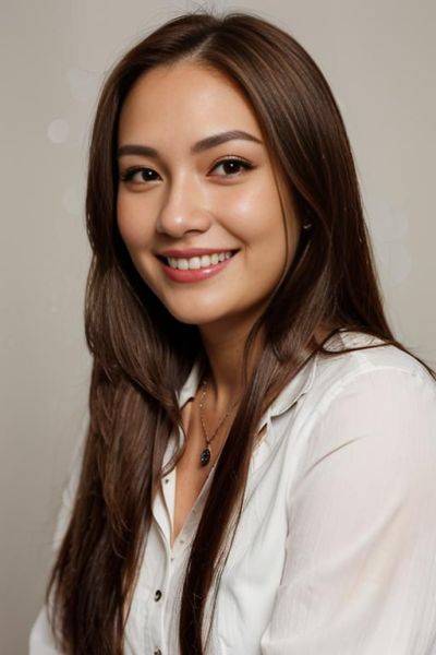 (((face closeup))), (((wide face))), (((extremely long hair))), looking at viewer, front facing, (((headshot))), front view, a chubby shorty filipina milf is modeling in a studio. she has her hands - ai-porn.ai on pornsimulated.com