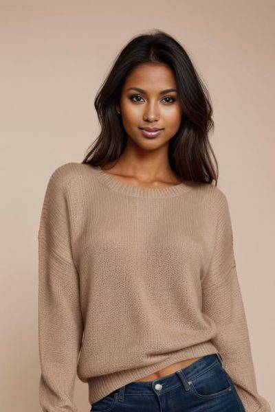 Pretty face, gorgeous perfect body, perfect natural breasts, firm hard large nipples, dark tanned skin, sly smile, closeup view, head and ahoulder portrait, (((tanned))), professional photo studio background, fully clothed, beige sweater - ai-porn.ai on pornsimulated.com