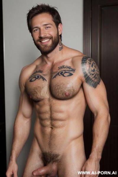 (realistic), (photorealistic), (real photo), (30 years old man), (full photo), brown hair, beard, mischievous smile, muscular, very hairy, completely naked, attractive, big penis, totally naked, full - ai-porn.ai on pornsimulated.com