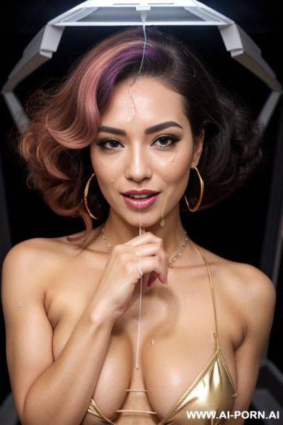 Space queen milf woman with round boobs, wearing golden high heels on, wearing golden earrings on, necklace, show her perfect horny round boobs, horny perfect vagina, 1 round boobs woman - ai-porn.ai on pornsimulated.com