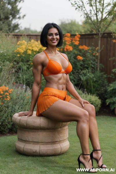 Indian, short hair, fit, abs, curvy, muscular arms, big ass, tall, long legs, navel piercing, orange bra, orange pleat skirt, looking at camera, full body, stiletto, in garden - ai-porn.ai - India on pornsimulated.com