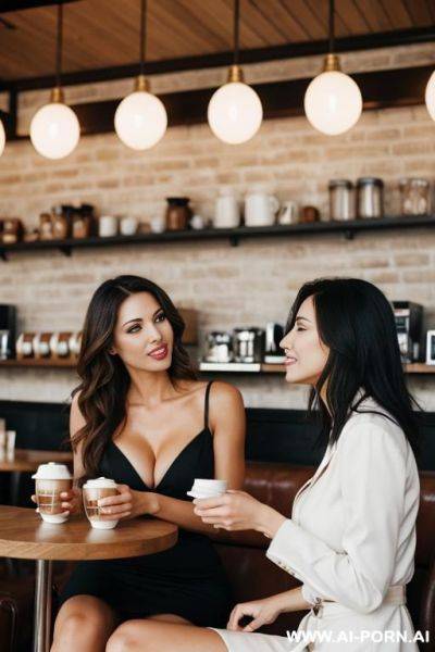 Two sexy women having coffee in a cafe - ai-porn.ai on pornsimulated.com