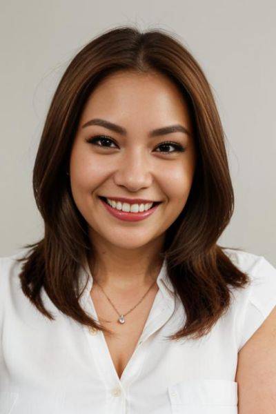(((face closeup))), (((wide face))), (((adjusting hair))), looking at viewer, front facing, ((headshot)), front view, a chubby shorty filipina milf is modeling in a studio. she has her hands in her - ai-porn.ai on pornsimulated.com