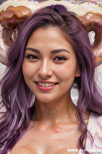 Close!, immersive expression, lovingly craving russian, flowing wavy purple hair, closeup in luxurious clothes, she is seductively tanned, pleasure, real-life sei-ra sodes-hiro! - ai-porn.ai - Russia on pornsimulated.com