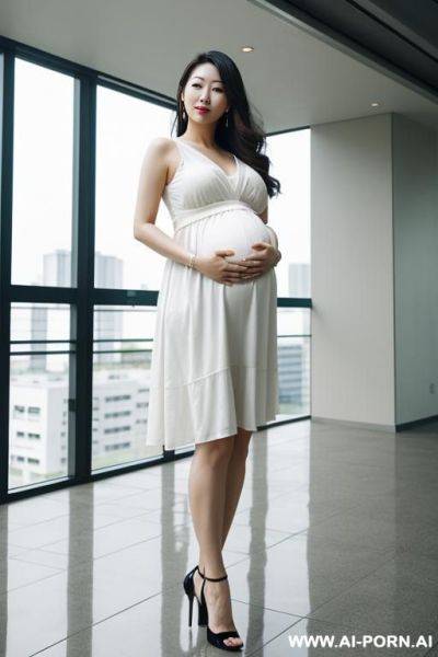 East asian woman, ((detailed face)), pregnant, , wearing a sundress, in a modern building, full body view - ai-porn.ai on pornsimulated.com
