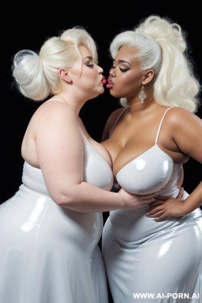 A white obese fat woman with gigantic huge boobs, ginger hair in blue latex ball gown kissing a black obese fat woman with gigantic huge boobs, white hair in white latex ball gown - ai-porn.ai on pornsimulated.com