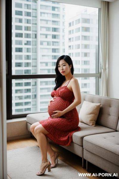 East asian woman, ((detailed face)), pregnant, , wearing a sundress, in a modern apartment - ai-porn.ai on pornsimulated.com