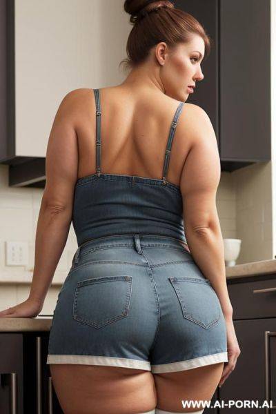 From behind view of a voluptuous milf bent over a sink washing dishes, skirt hitched up over hips, tan stockings pulled down to mid thigh, brunette, hair bun - ai-porn.ai on pornsimulated.com
