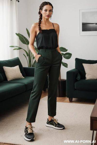 Brown hair, two short braids, black short blouse with a square neckline, dark green trousers, sneakers - ai-porn.ai on pornsimulated.com