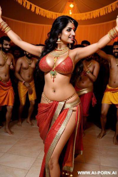 Sexy naked indian women dancing among men in home celebrating indian festival dandiya. naked natural boobs. topless. blushing - ai-porn.ai - India on pornsimulated.com