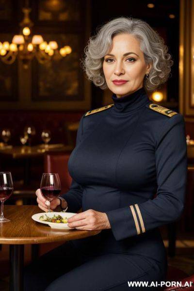 0-year-old grandmother, full body, standing, short gray hair, visible age marks, triangular hips, thick thighs, wearing a gray swimsuit - ai-porn.ai on pornsimulated.com