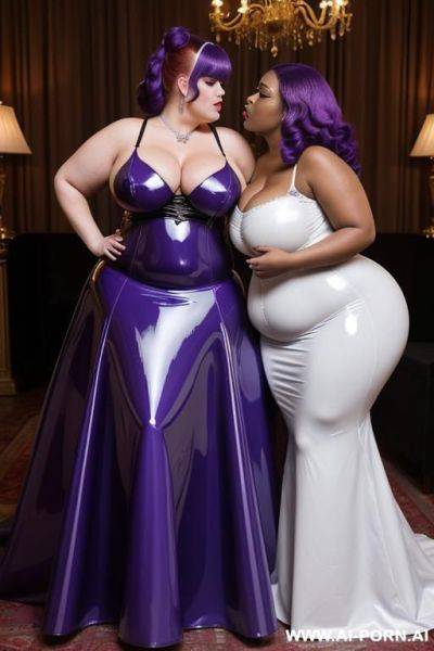 A white obese fat woman with gigantic huge boobs, ginger hair in blue latex ball gown kissing a ebony obese fat woman with gigantic huge boobs, purple hair in purple latex ball gown - ai-porn.ai on pornsimulated.com