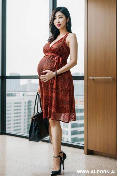 East asian woman, ((detailed face)), pregnant, , wearing a sundress, in a modern building, full body view - ai-porn.ai on pornsimulated.com