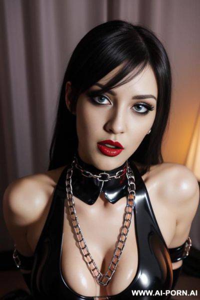 German submissive, ahegao face, latex, choker, chains, bound, kneeling, ready for sex, too tight outfit, evening light, closeup on face - ai-porn.ai - Germany on pornsimulated.com