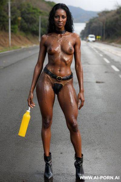Hardworking brown skin ebony woman. covered in oil and watery skin. horrible clothes, tattered clothes. flesh and soft thighs. exposed thighs. skirt starts from chest. higher waist closer to chest. - ai-porn.ai on pornsimulated.com