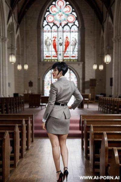 _photo realistic, light grey tweed coat and skirt, white skin, perfect teardrop massive boobs, red lipstick, bracelets, necklace, earrings, show boobs - ai-porn.ai on pornsimulated.com