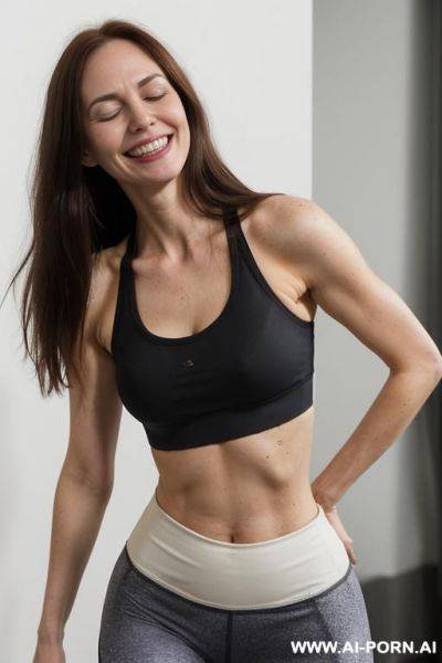 Natural white woman. extra long hair, excited loud laugh, ((looking up)), ((very big distant eyes with eyebags)), ((extra wide mouth, wide smile)), ((((naughty grin with closed eyes)))), ((short - ai-porn.ai on pornsimulated.com