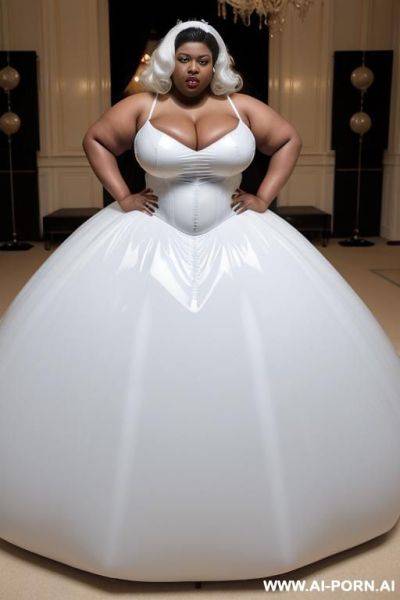 A white obese fat woman with gigantic huge boobs, ginger hair in blue latex ball ball gown and a ebony obese fat woman with gigantic huge boobs, white hair in white latex ball gown - ai-porn.ai on pornsimulated.com