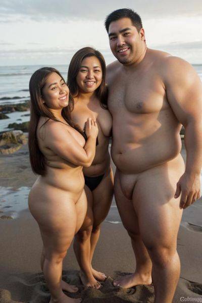 One chubby filipina woman and two very tall men hugging, she has a fat round face, he is much taller than her, single woman and two men, two men and one woman, man looking at woman, - ai-porn.ai on pornsimulated.com