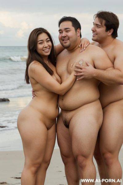 One filipina woman and two very tall men hugging, she has a fat round face, he is much taller than her, single woman and two men, two men and one woman, man looking at woman, muscular - ai-porn.ai on pornsimulated.com