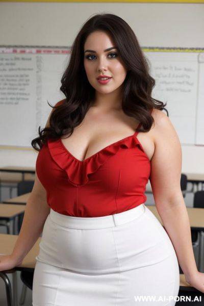 Close up full body photo shot, about at classroom, chubby fat bbw curvy teacher, wearing a sexy and hot micro red ruffle skirt and elegant micro summer top, teaching to the classroom. g about the question - ai-porn.ai on pornsimulated.com