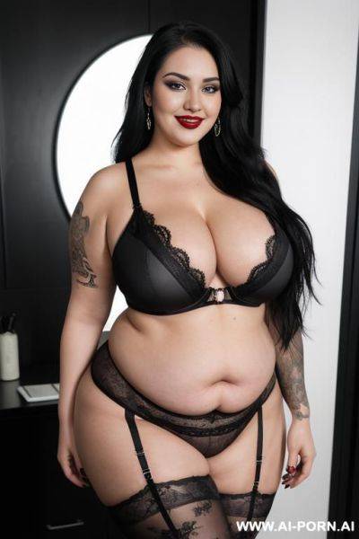 Wearing oculus rift, very plump, wide hips , russian, 1, goth woman, piercing, tattoos, massive boobs, pornstar face and body, black hair, heavy make up, very high heels, lace, lingerie, - ai-porn.ai - Russia on pornsimulated.com