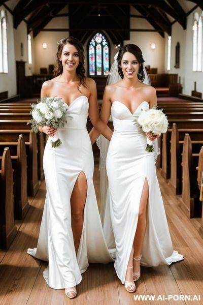 Two twin brides wedding with topless long white dress in church - ai-porn.ai on pornsimulated.com