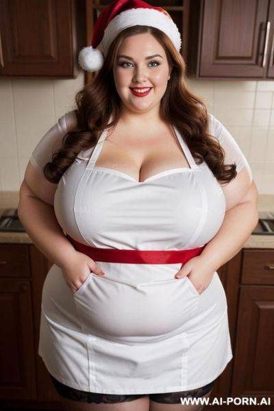 Apron, fat bbw plump, rotund, santa hat, 300 pounds, auburn brunette, wearing tight red apron, pear shaped body, round belly, extremely wide hips, hourglass, making cookies, heavy makeup, gorgeous, supermodel - ai-porn.ai on pornsimulated.com