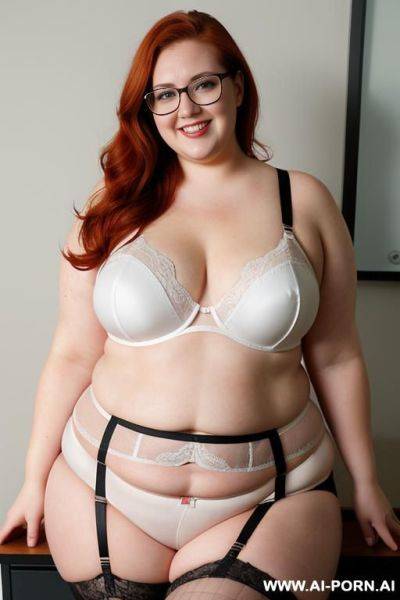 Half body photo shot, dinamyc angle, about an office, fat bbw chubby with love handless and tummy, wearing a sexy and hot garter belt lingerie, very fat and obese wearing a teacher glasses - ai-porn.ai on pornsimulated.com